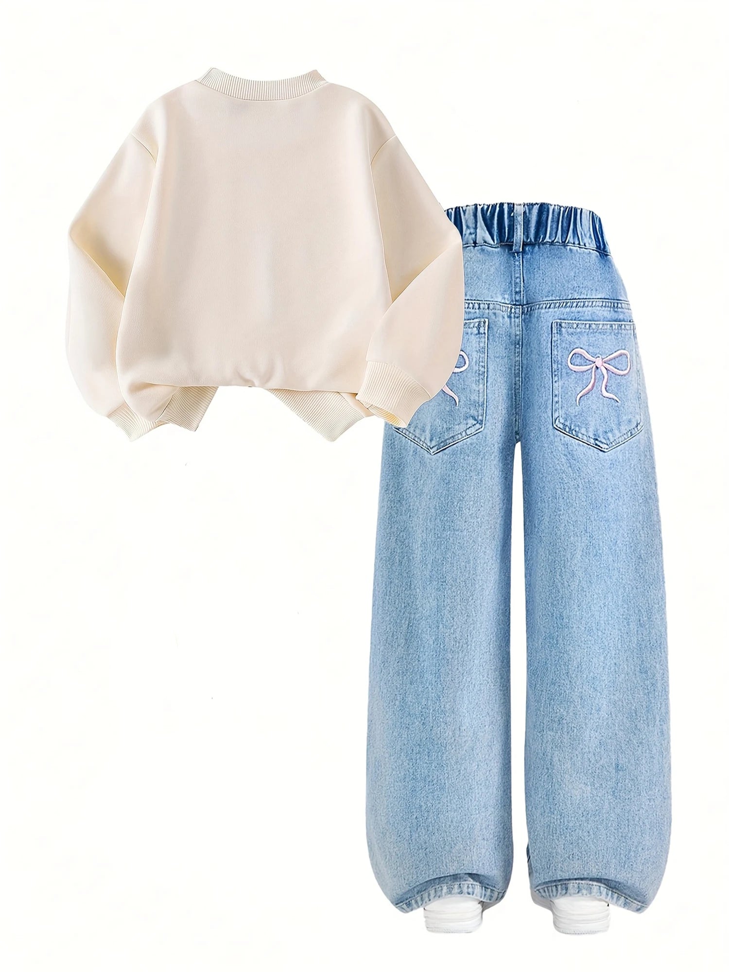 Girls Bow Hoodie & Bow Jeans Set – Casual All-Season 2-Piece Outfit