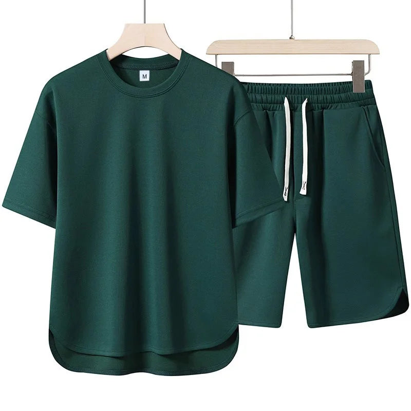 2025 Summer New Men Suit Round Neck Short Sleeve T-shirt+shorts Two Piece Set Loose Outdoor Sports Casual Solid Color Tracksuit