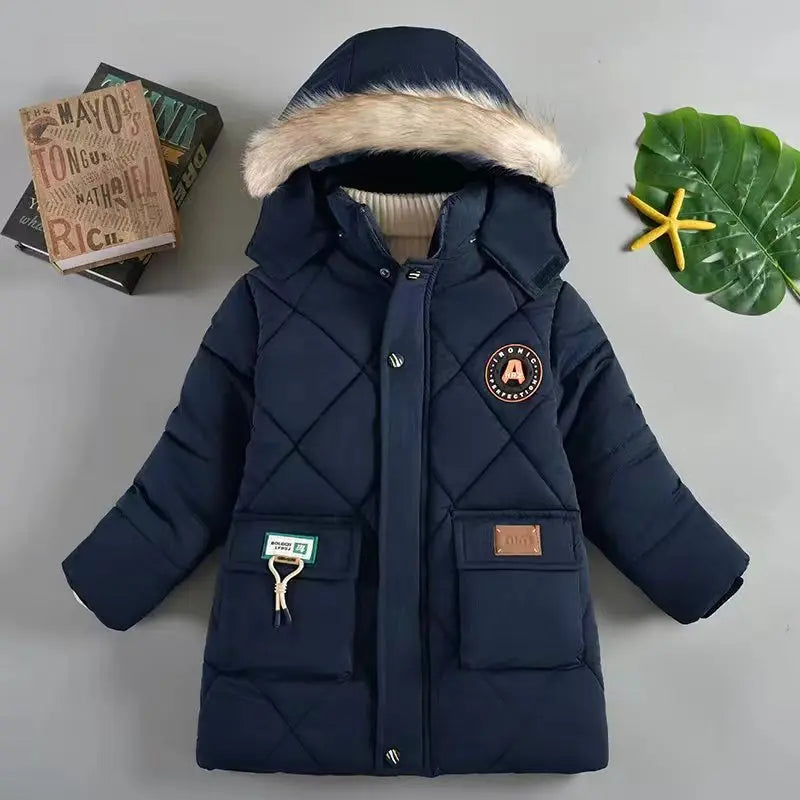 Boys Thick Warm Hooded Down Cotton Coat – Letter Print Winter Jacket Ages 4–10