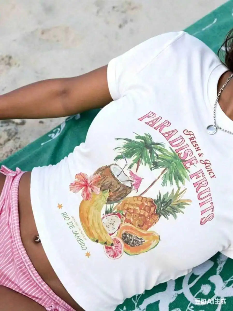 Sundraya Women Fruit & Coconut Print Fitted Short T-Shirt, Cream-Colored Summer Beach Vacation Ladies Top