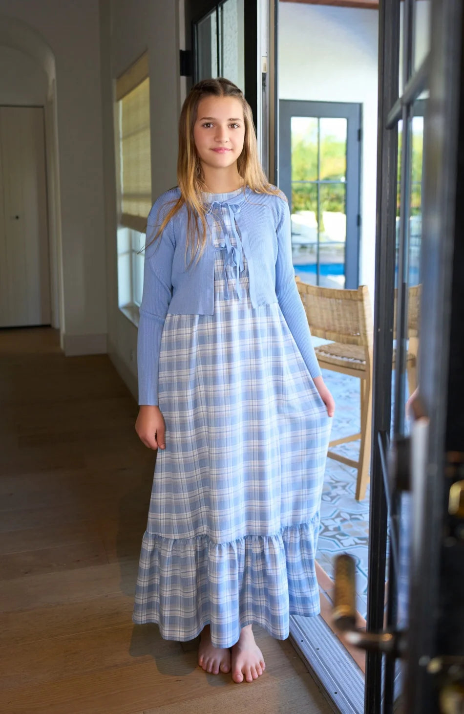 Teen Girls Blue Knit Cardigan & Plaid Maxi Dress Set – Holiday 2-Piece Look
