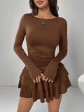Autumn Winter Solid Color Slim Fit Cascading Ruffles Mini Dress Women Elegant Flare Sleeve High Waist Sexy Party Bodycon Dresses