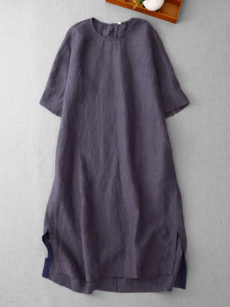 Retro Cotton Linen Mid-Sleeve Dress Summer New Style Slimming Women's A-Line Midi Skirt Casual Loose Waist Comfortable Fit