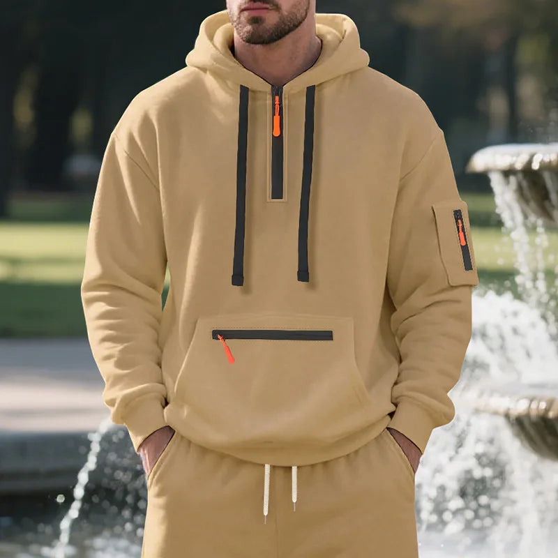 Men's Fleece-Lined Hooded Sweatshirt Set Sporty Casual Trendy Brand Solid Color Sweatpants Autumn Winter 2025