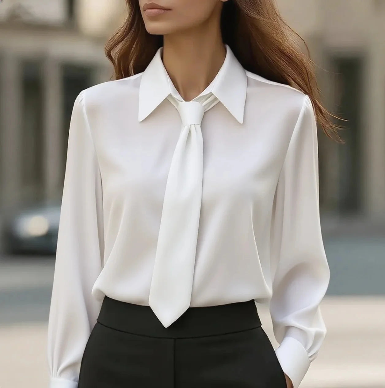 Women's Elegant Satin Work Shirt – Plain Modern Casual Long Sleeve Collar Top