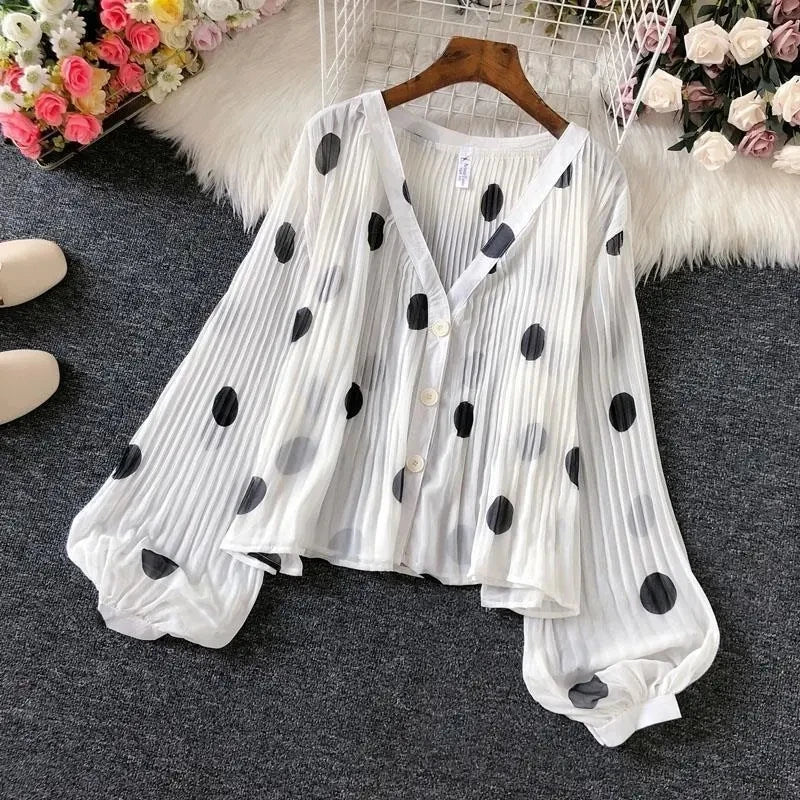 Polka Dot Casual V-Neck Chiffon Single Breasted Lantern Sleeve Folds Women's Blouse Shirt Female Clothing Tops 2024 Fashion