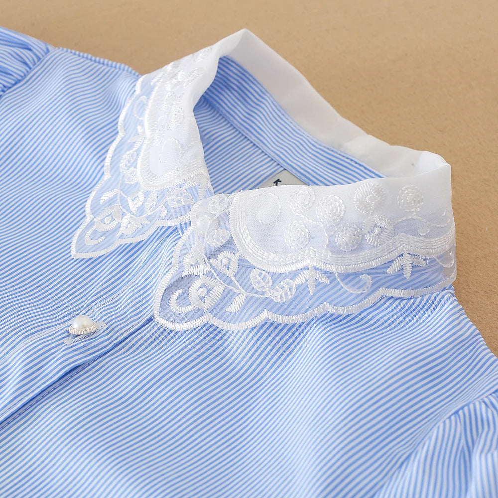 Girls Blue Striped Lace Collar Long Sleeve Shirt – 100% Cotton Blouse Ages 5–12