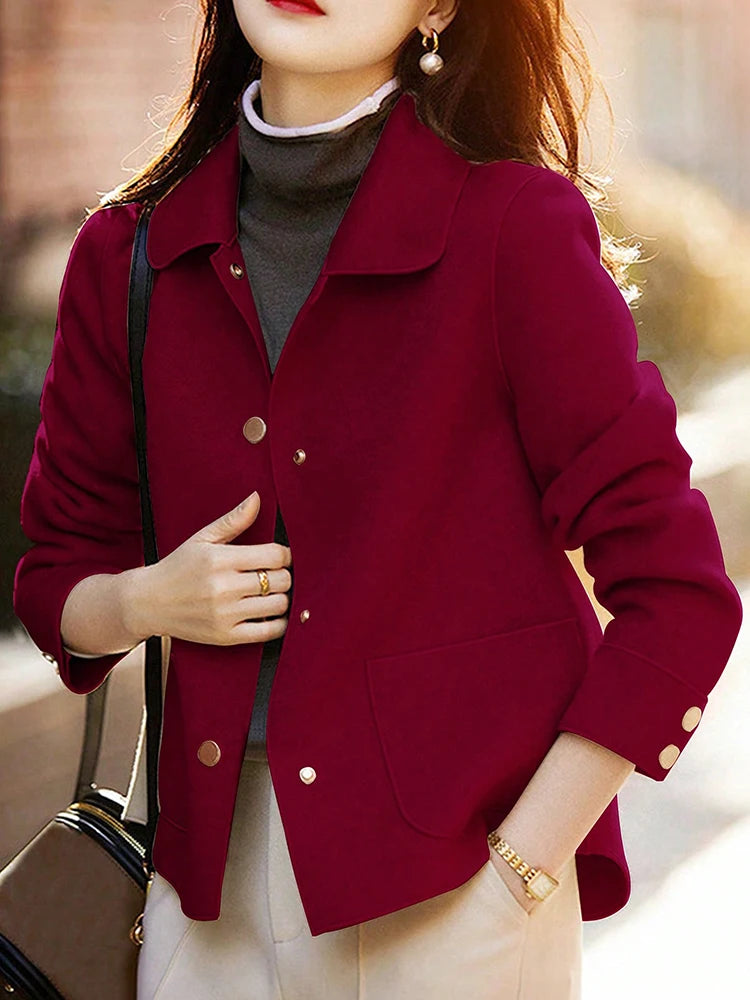 Women's Classic Short Woolen Coat – Button-Up Warm Autumn Winter Outerwear