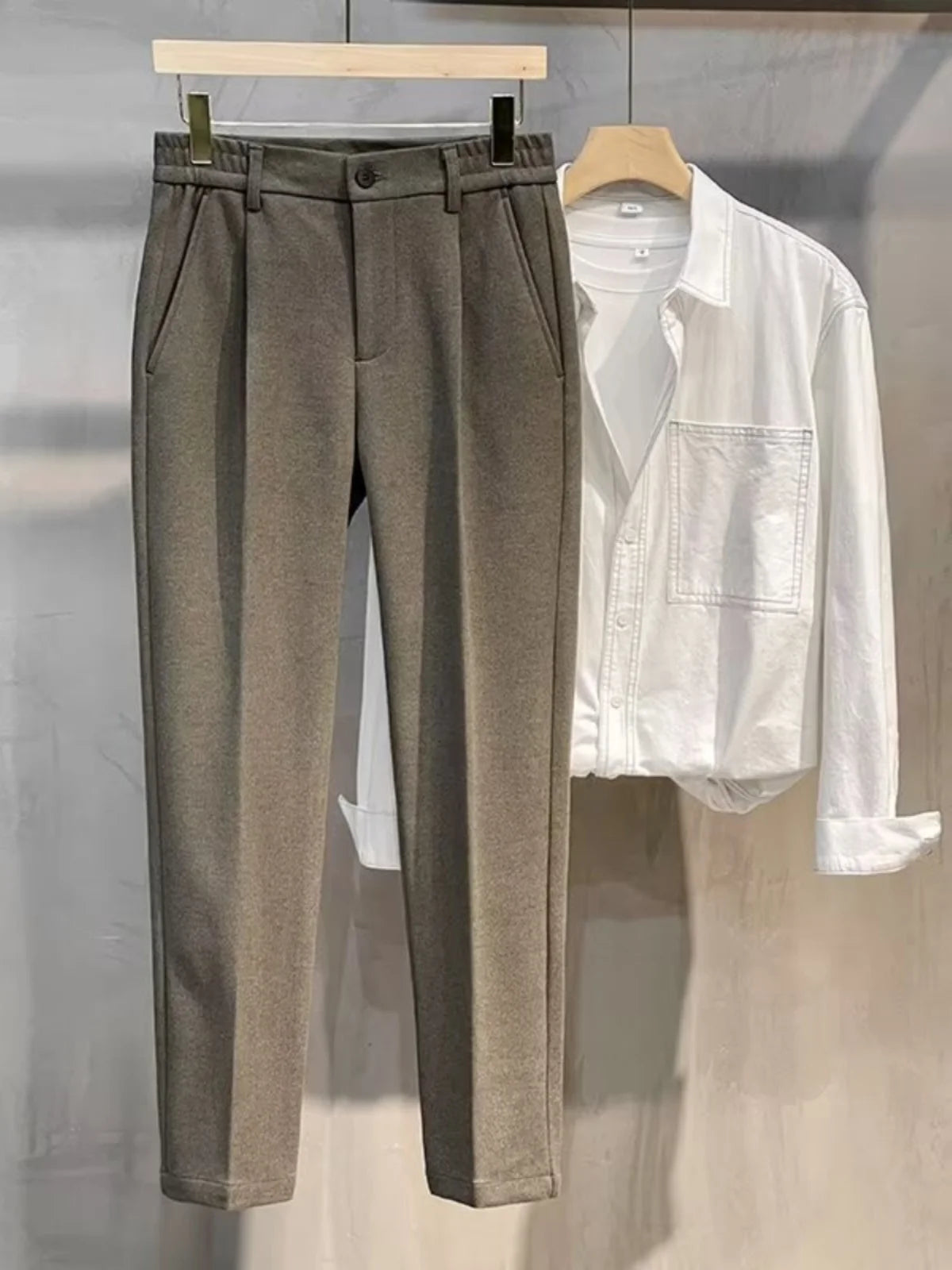 Men's Woolen Casual Pants Autumn Winter Thiened Slim Fit Long Trousers Faionable Korean Sle Nine Points Pants