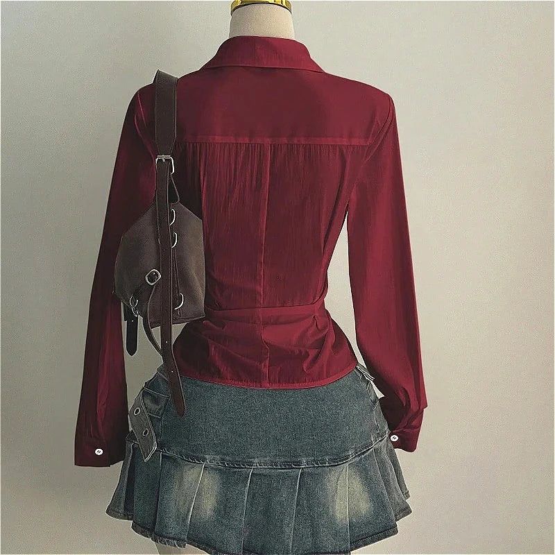 Harajuku Women's Shirt Unique Aesthetic Solid Color Slim Fit Sexy Y2K Girls Tie-Waist Gothic Street Style Casual V-Neck Tops