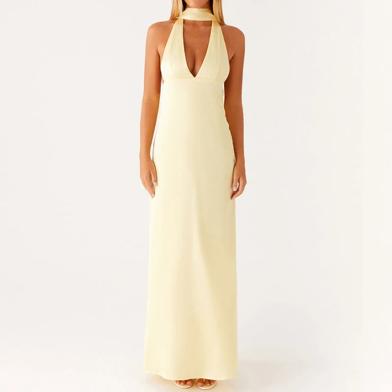 Maemukilabe Sexy Sleeveless Low Cut Print Maxi Dress Boho Halter Neck Slim Fit Flowy Long Dress Backless Floral Summer Beachwear