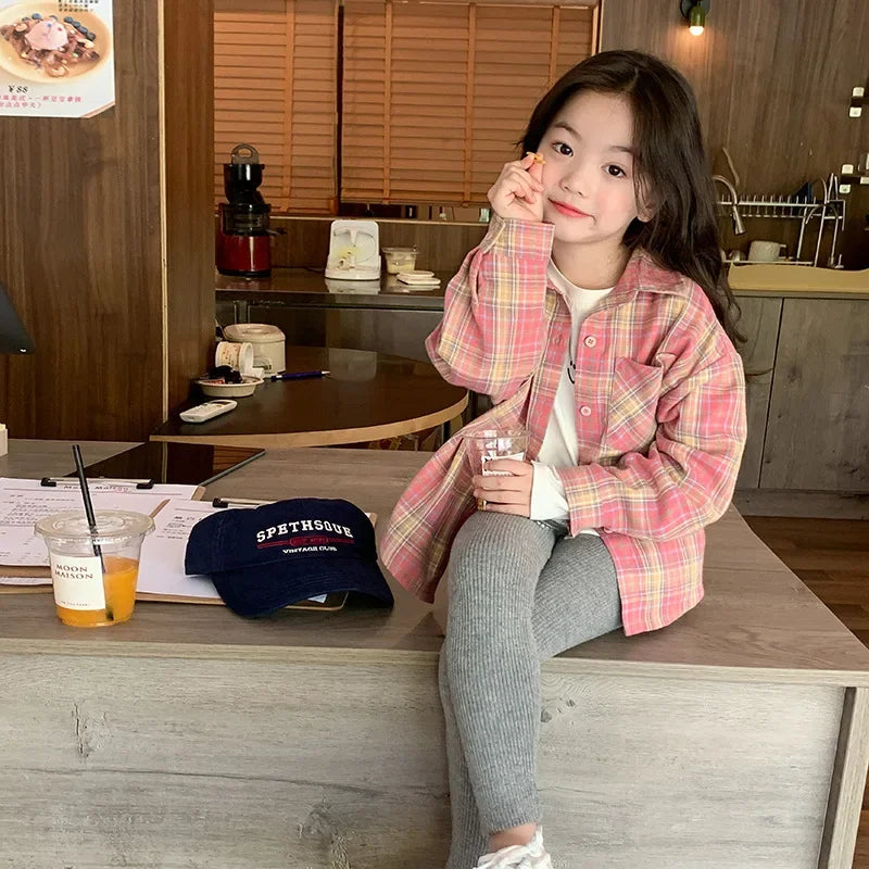 Girls Pink Plaid Long Sleeve Shirt Coat – Korean Style Sweet Outerwear