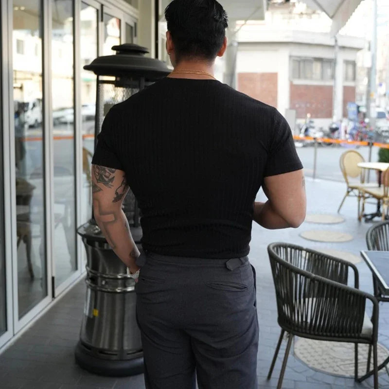 Fashion Solid Color Ribbed Slim T Shirts Men's Streetwear Classic Simple Crew Neck Short Sleeve Tees Summer Leisure Men Clothes