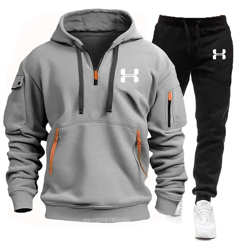 Men's Multi-Pocket Hoodie & Jogger Pants Set – 2-Piece Fitness Tracksuit