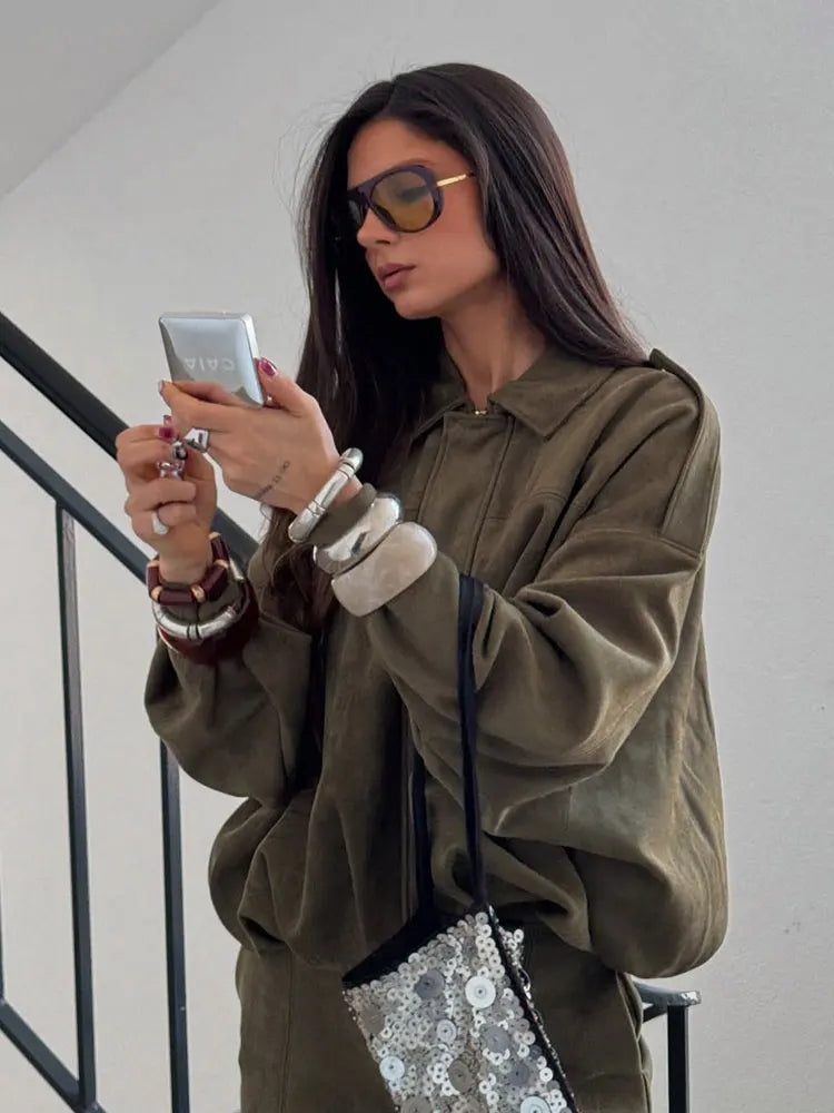 Women's Suede Bomber Motorcycle Jacket – Loose Casual Lapel Zipper Vintage Coat