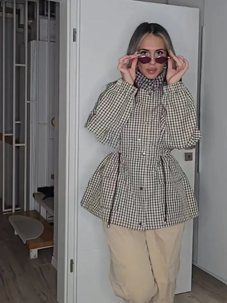 Causal Long Sleeved Grid  Female Jacket Drawstring Tight Loose Women's Trench Collar Fashion Single Breasted Pocket Outerwear