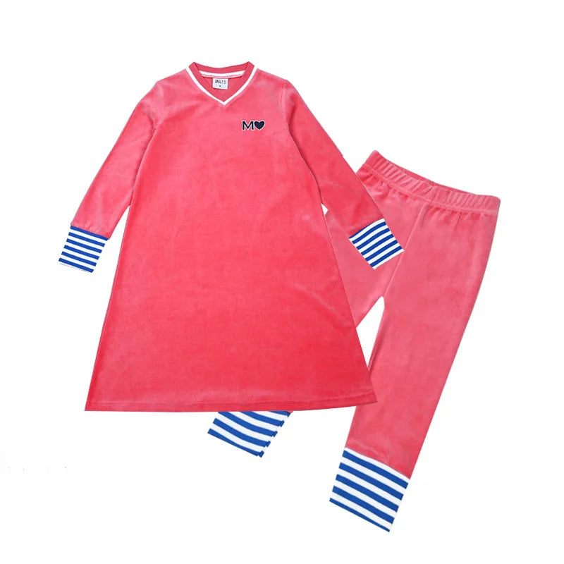 Children's pajamas family matching blue and pink set girls dress baby boy and girls romper autumn winter clothes stripes trims