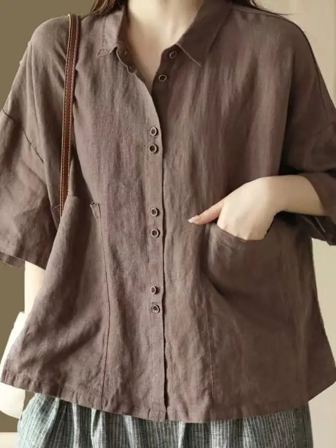 Women's Retro Cotton Linen Short Sleeve Casual Shirt – Loose Korean Fashion Top