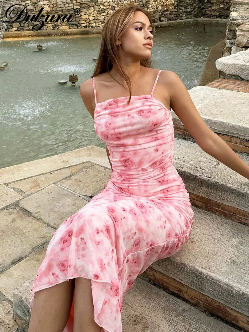 Pink Floral Ruched Bodycon Dress