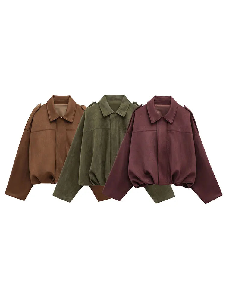 Women's Suede Bomber Motorcycle Jacket – Loose Casual Lapel Zipper Vintage Coat