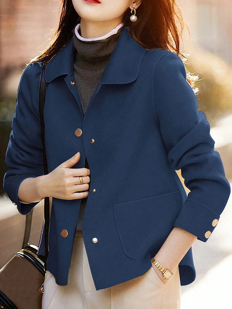 Women's Classic Short Woolen Coat – Button-Up Warm Autumn Winter Outerwear