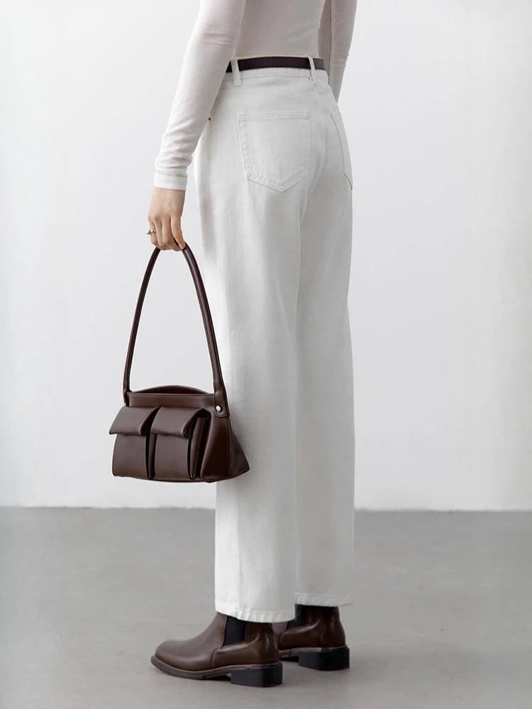 Women's White Slim High Waist Straight Leg Pants – Cotton Casual Trousers