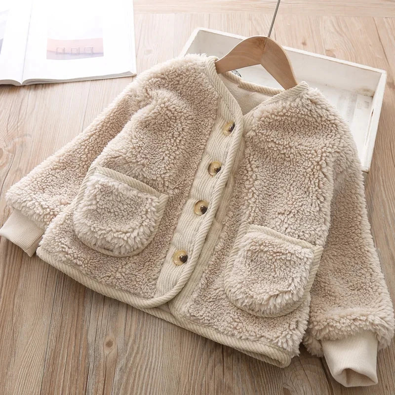 Girls Velvet Loose Lamb Velvet Warm Jacket – Korean Style Winter Coat Ages 0–5