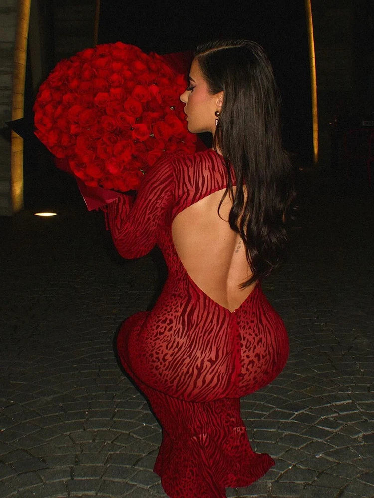 CNYISHE O Neck Leopard Bodycon Women Dresses Sexy Club Outfits Backless Long Sleeve Sheath Hollow Out Fashion