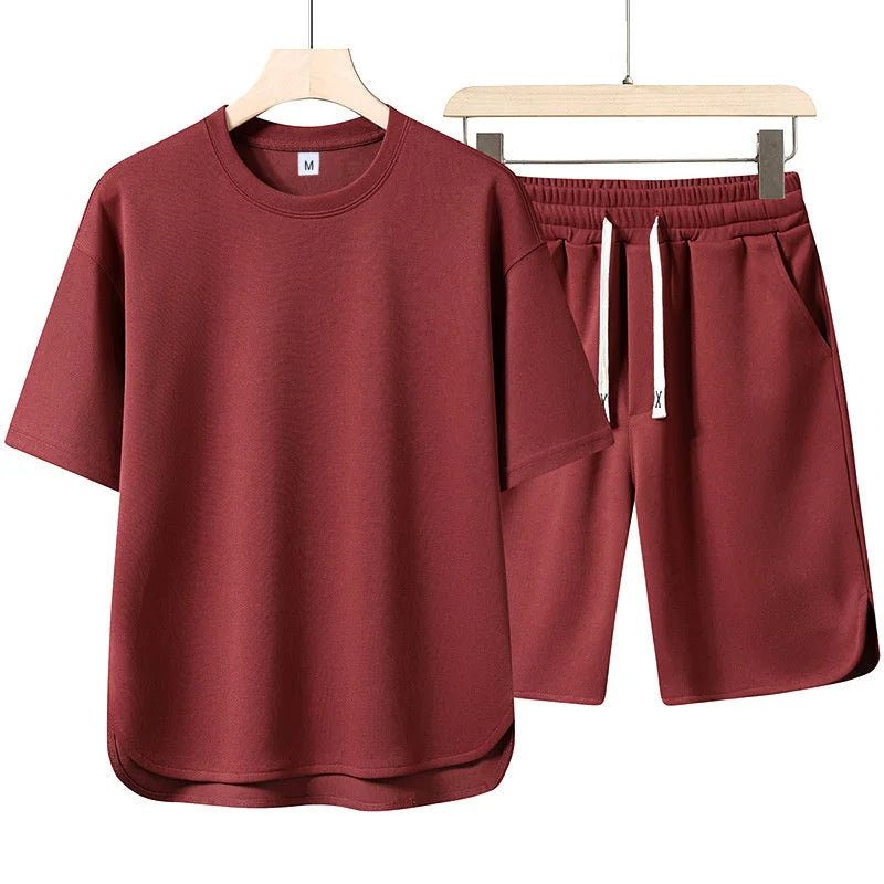 2025 Summer New Men Suit Round Neck Short Sleeve T-shirt+shorts Two Piece Set Loose Outdoor Sports Casual Solid Color Tracksuit