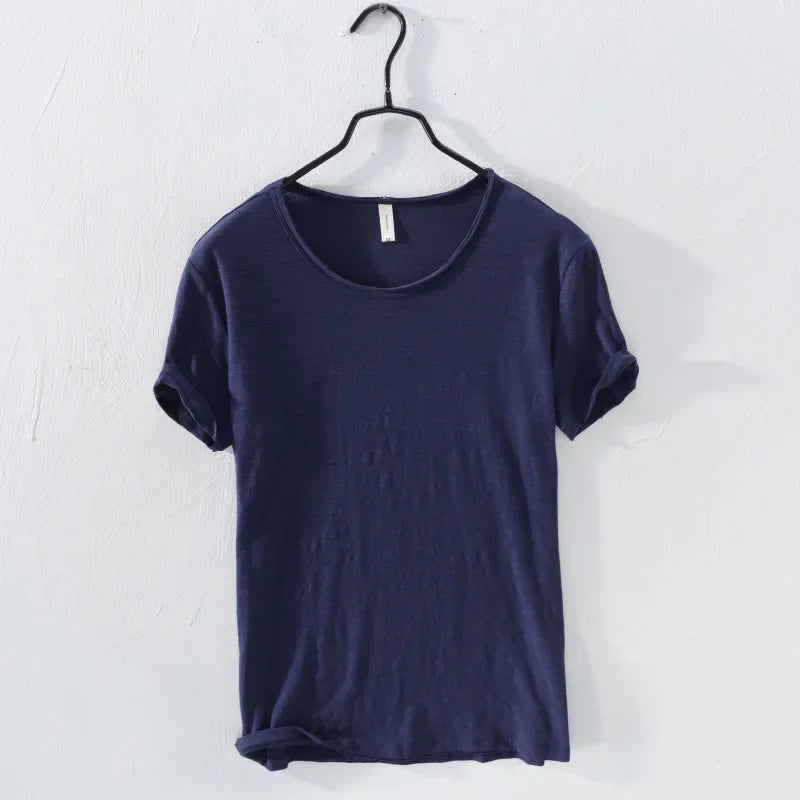 Men's Retro Raw Edge Slim Fit T-Shirt – 100% Cotton Lightweight Casual Top