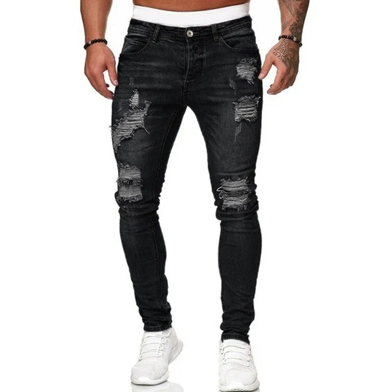 Men's Ripped Skinny Slim Fit Denim Jeans – Vintage Wash Street Style Trousers