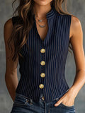 Women's Vintage Striped Sleeveless Stand Collar Blouse – Waist-Narrowing Button-Front Top
