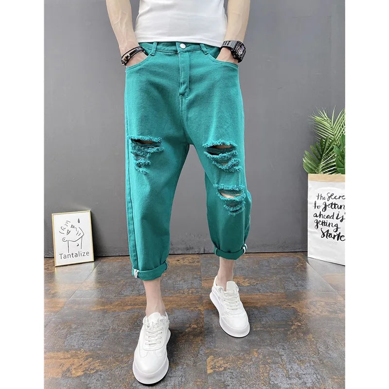 Korean Ankle-Length Distressed Jeans Men White Breathable Slim Fit Ripped Denim Pants Four Season Narrow Leg Harem Male Trousers