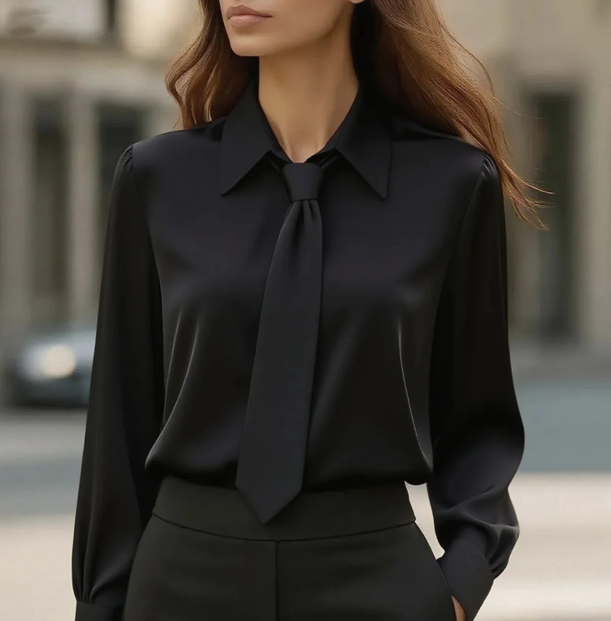 Women's Elegant Satin Work Shirt – Plain Modern Casual Long Sleeve Collar Top