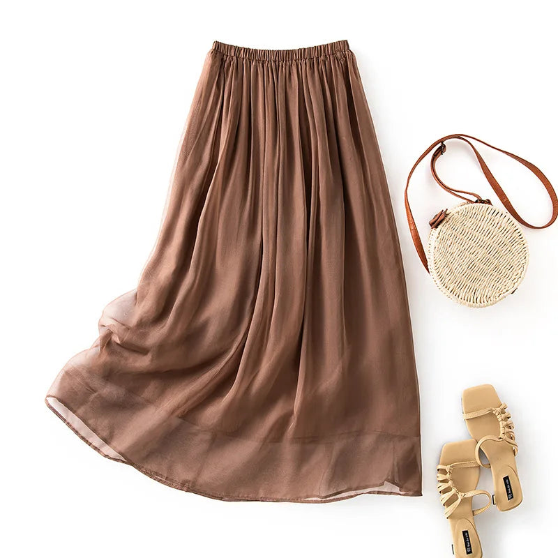 Women's 100% Real Silk Midi Skirt – Elegant French Temperament Fairy Commute Skirt