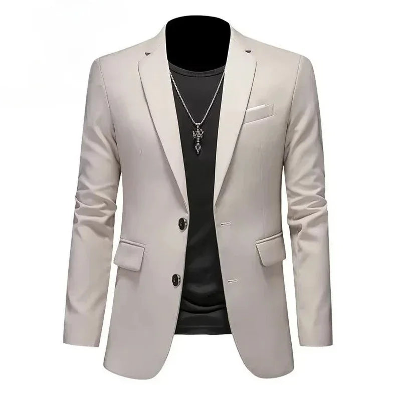 Men's White Formal Two-Button Suit Jacket – Korean Long Sleeve Office Wedding Blazer