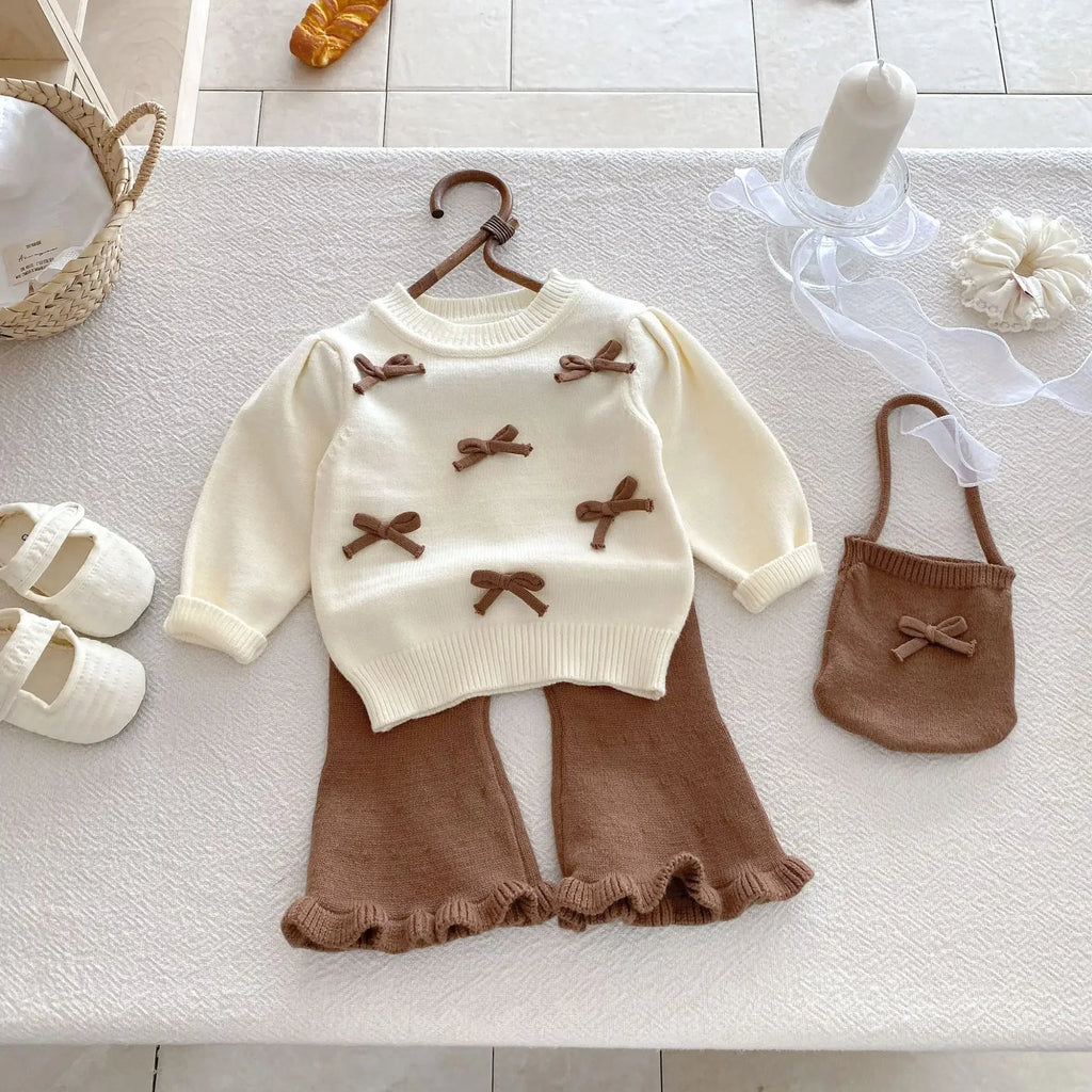 Baby Girl 3-Piece Knitted Outfit Set  Autumn Cute Bowknot Cream Sweater + Brown Ruffle Flared Pants + Mini Bag Girls Clothing