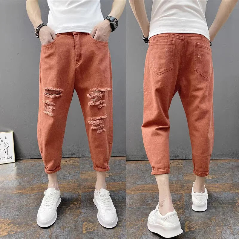 Korean Ankle-Length Distressed Jeans Men White Breathable Slim Fit Ripped Denim Pants Four Season Narrow Leg Harem Male Trousers