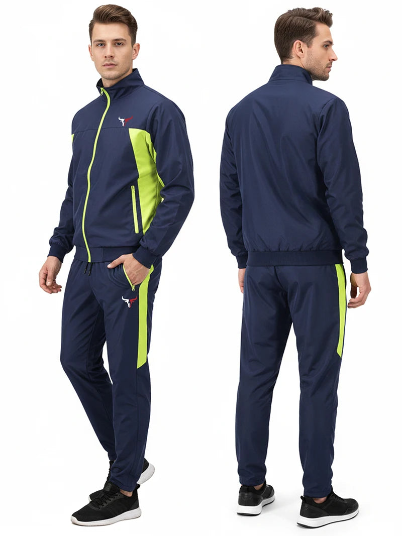 Bull Print Colorblock Sports Set for Men Outdoor Stand Collar Zip Up Jacket Coat Outwear Tops Pants Trousers with Zipper Pockets