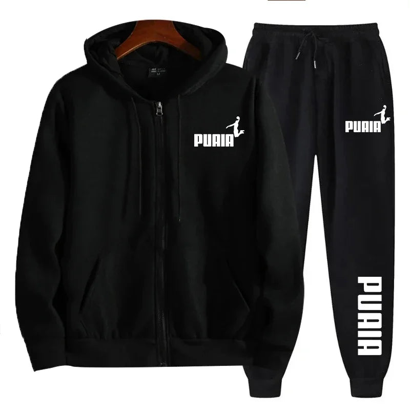 Men's Print Hoodie & Pants 2-Piece Sportswear Set – Casual Zipper Jacket Tracksuit