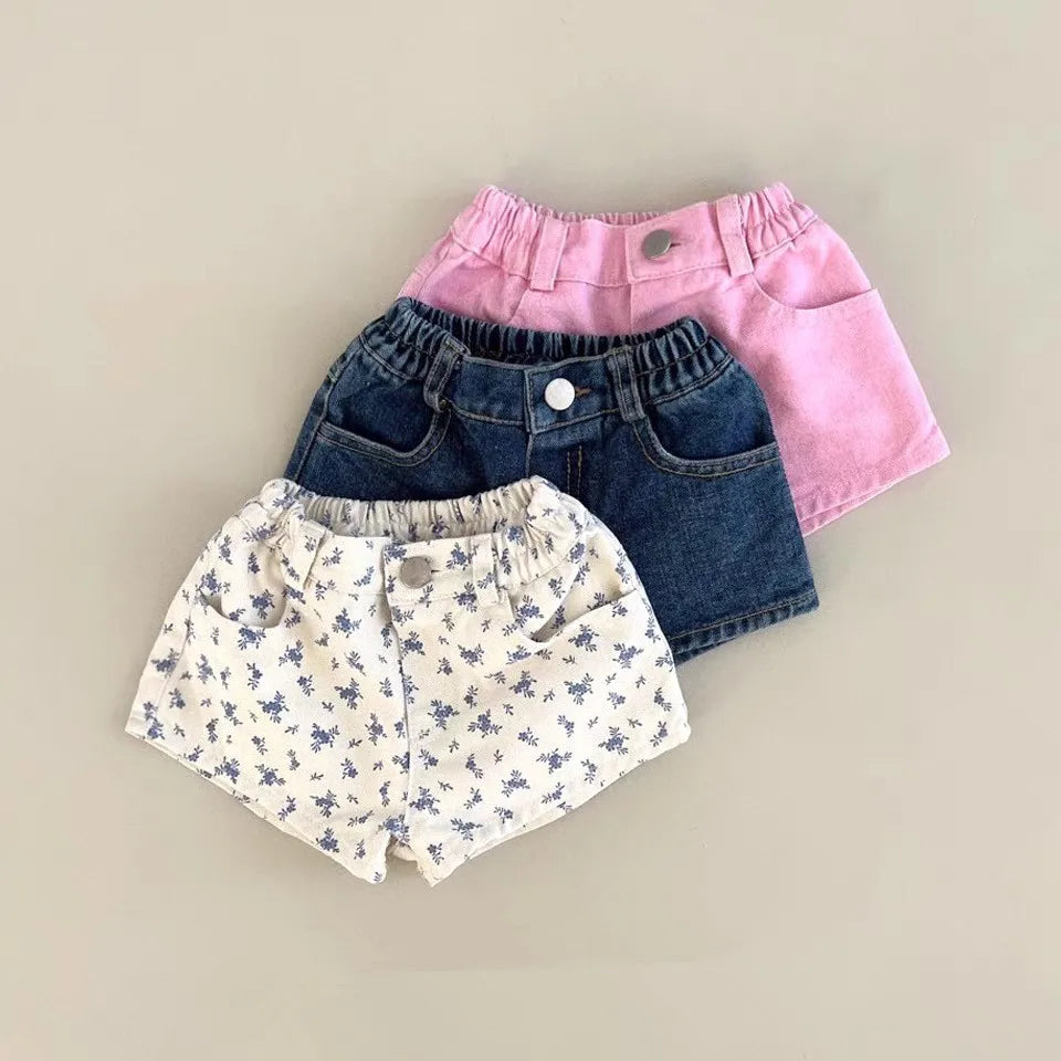 K2603 Vintage Floral Korean Style Summer Baby Girl's Ultra-Short Denim Shorts Fashionable Versatile Kids' Clothing