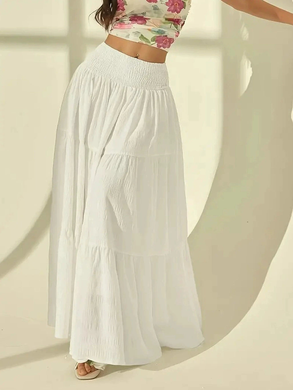 Women's Plus Size Layered Long Skirt – Casual Solid Elastic Waist Holiday Skirt