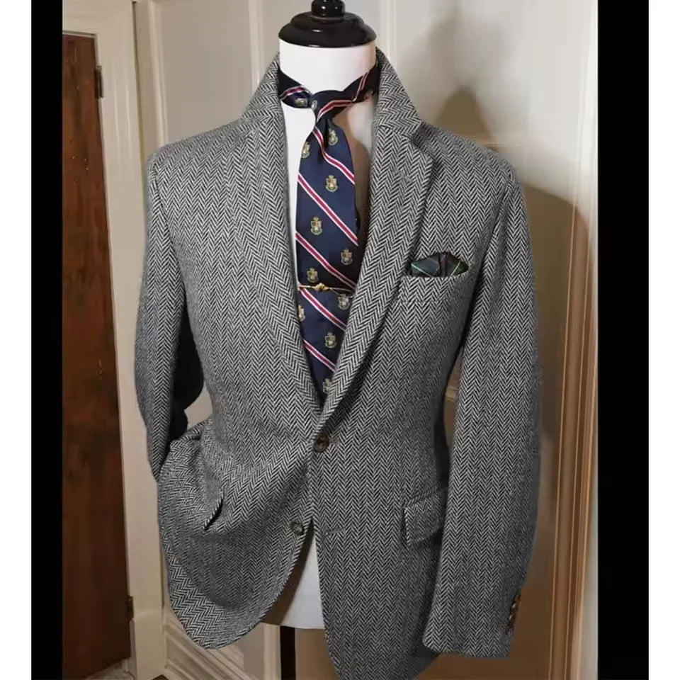Men's Herringbone Tweed Blazer – Vintage British Slim Fit Wool Blend Suit Jacket