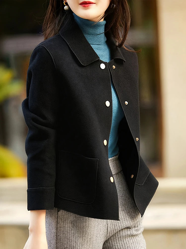 Women's Classic Short Woolen Coat – Button-Up Warm Autumn Winter Outerwear