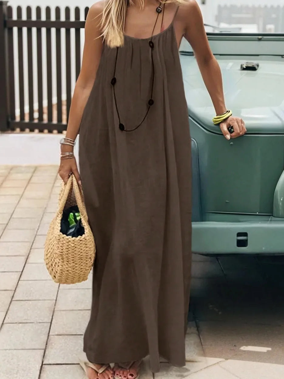 Women's Loose Spaghetti Strap Casual Summer Dress – Solid Color Vacation Homewear