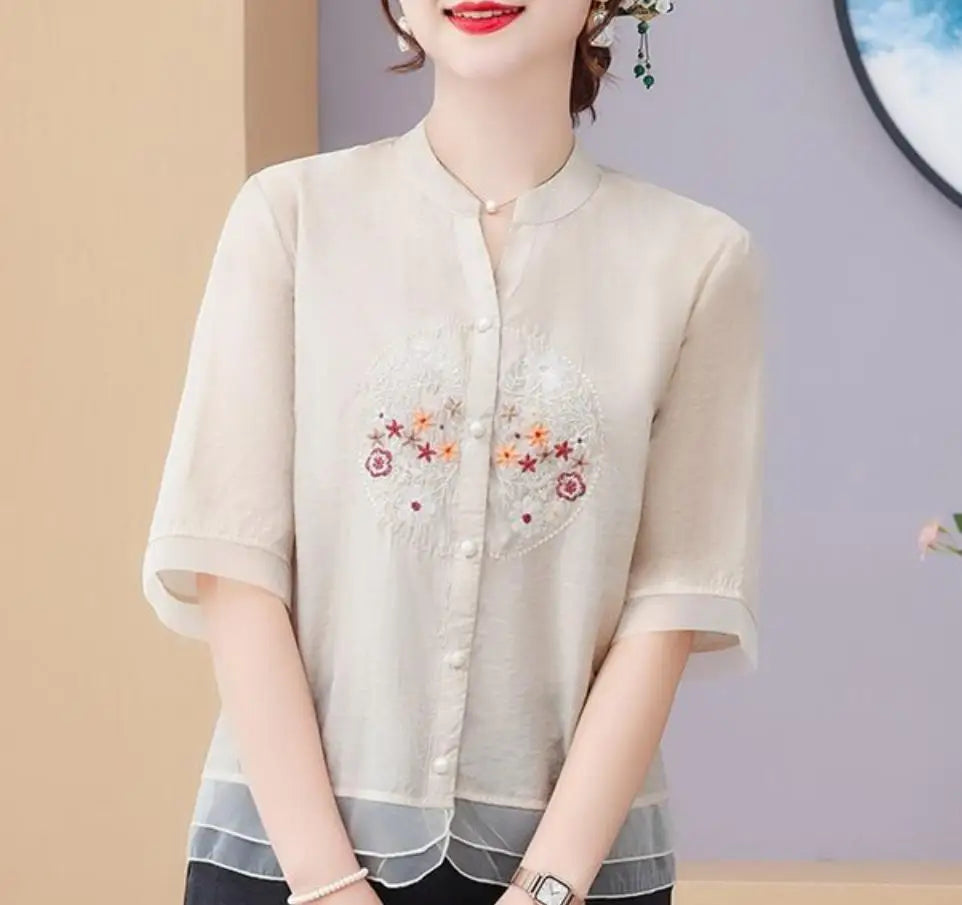 Women's V-Neck Floral Embroidery Half Sleeve Shirt – Vintage Loose Casual Summer Top