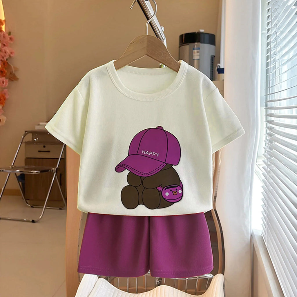 Boys Bear Print Short Sleeve T-Shirt & Shorts Set – Cotton 2-Piece Casual Outfit