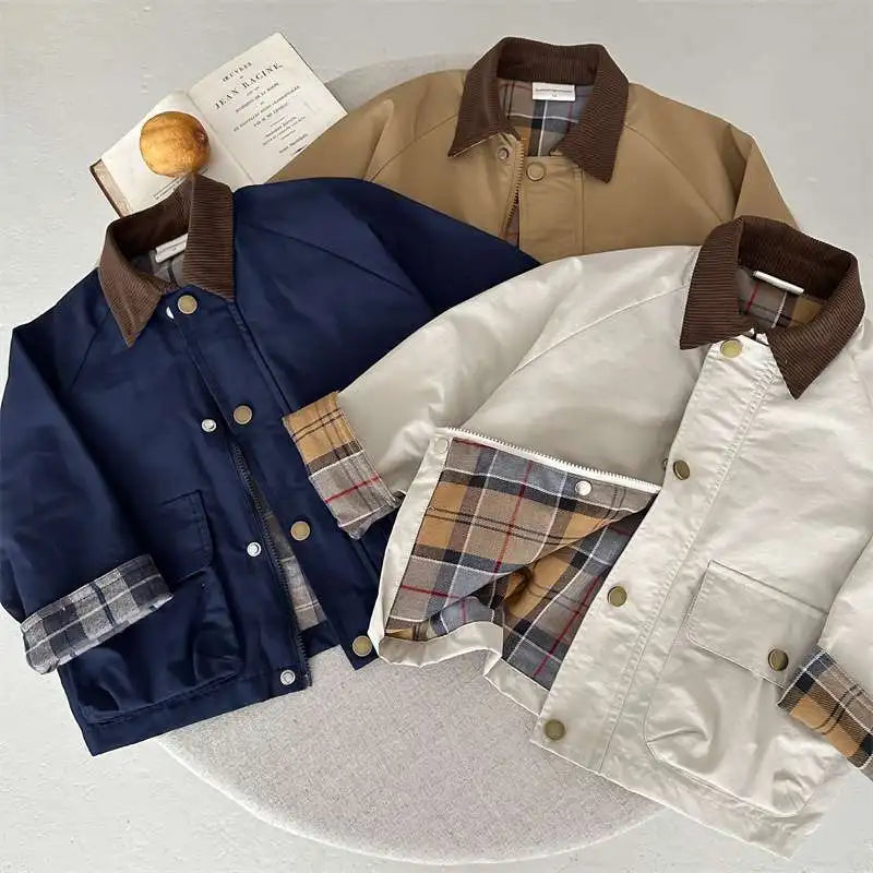 Boys Plaid Spliced Pocket Long Sleeve Jacket – Toddler Outerwear Coat