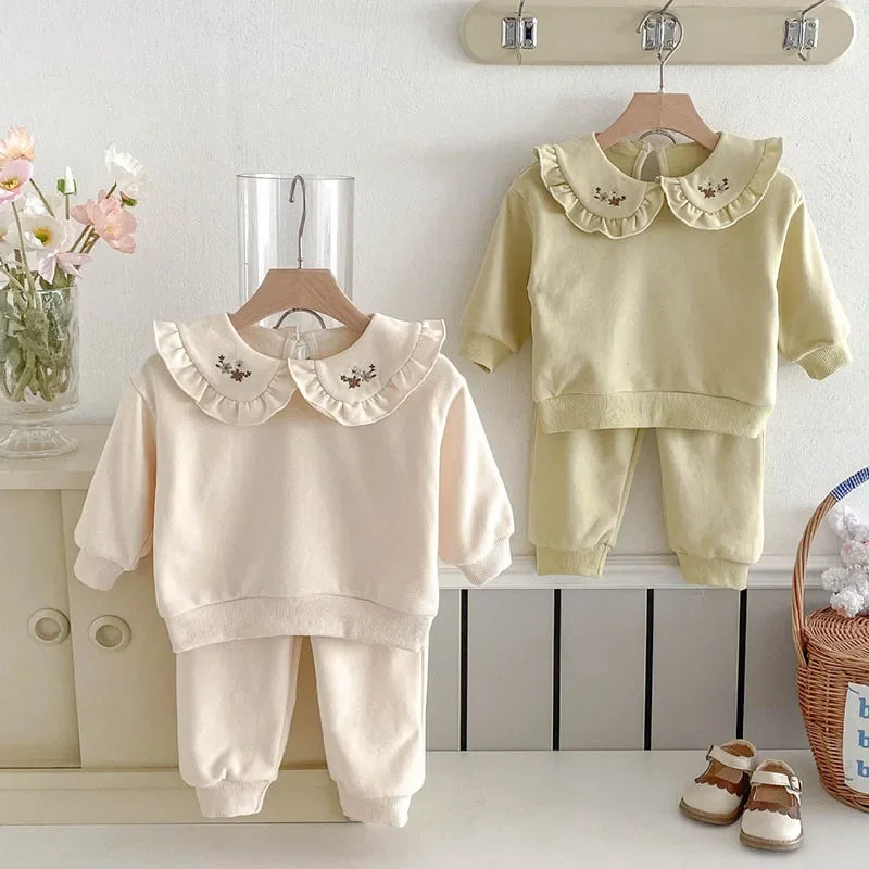 2025 New Spring 0-4Yrs Infant Baby Girls Clothing Set Long Sleeved Cotton Embroidery Pullover+Pants Toddler Baby Clothes Suit