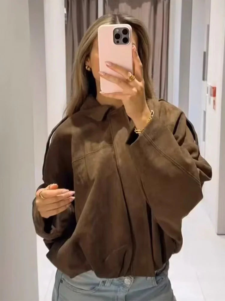 Women's Green Suede Oversize Bomber Jacket – Long Sleeve Zipper Casual Street Coat